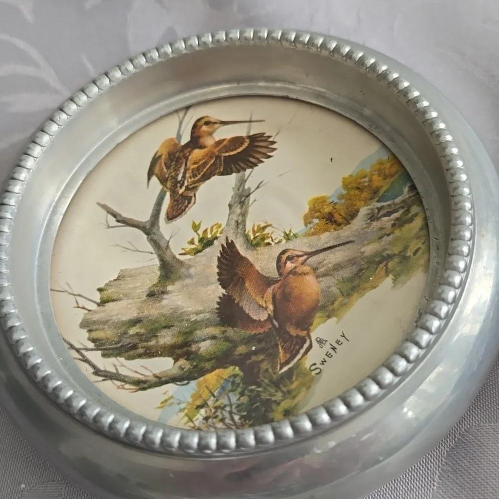 Vintage Set Of 4 Fred Sweney Coasters Birds Fish Metal Glass Barware Rustic